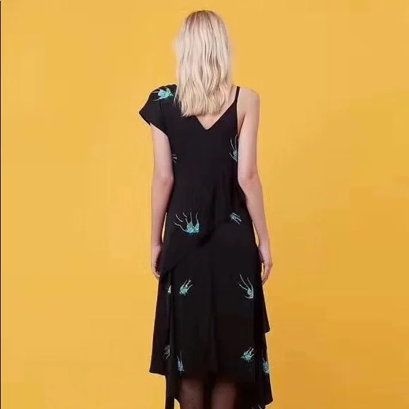 NWT $568 Diane von Furstenberg Asymmetric Ruffle Bird Silk Print Dress